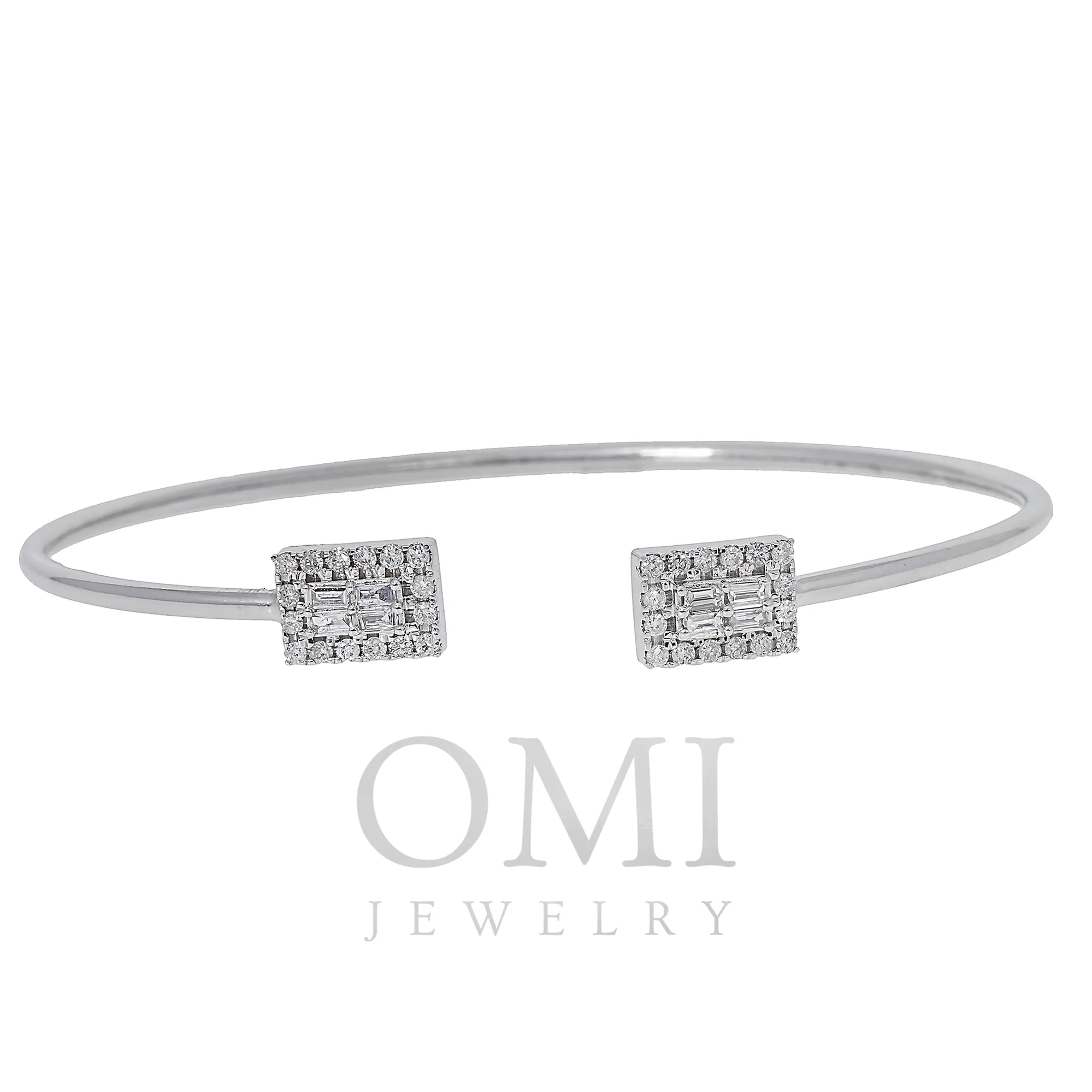 14K GOLD BAGUETTE AND ROUND DIAMOND THIN OPEN BANGLE BRACELET 0.49 CT