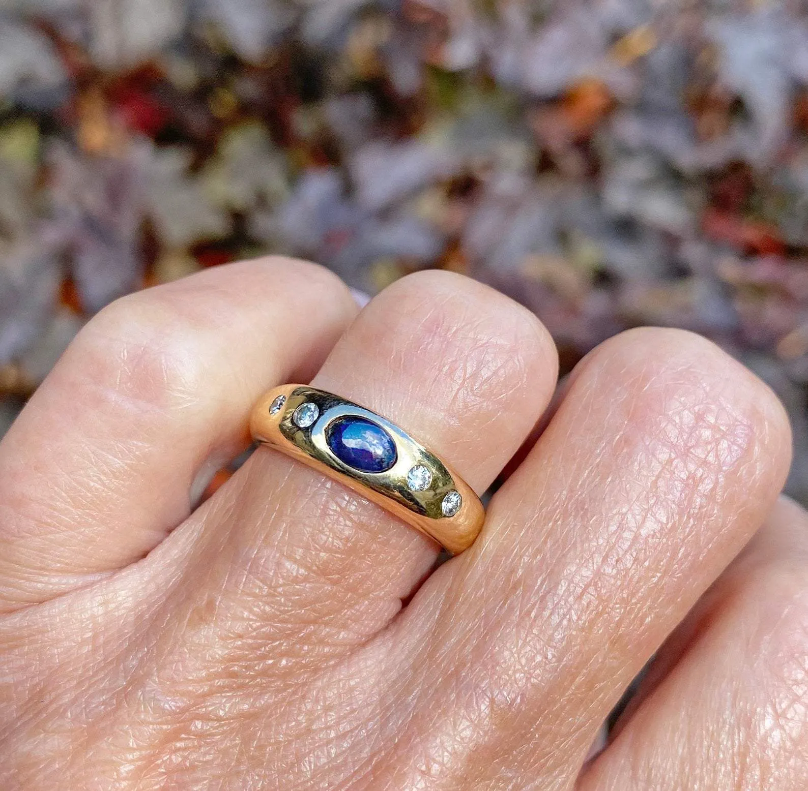 14K Gold Diamond Sapphire Cabochon Gypsy Ring