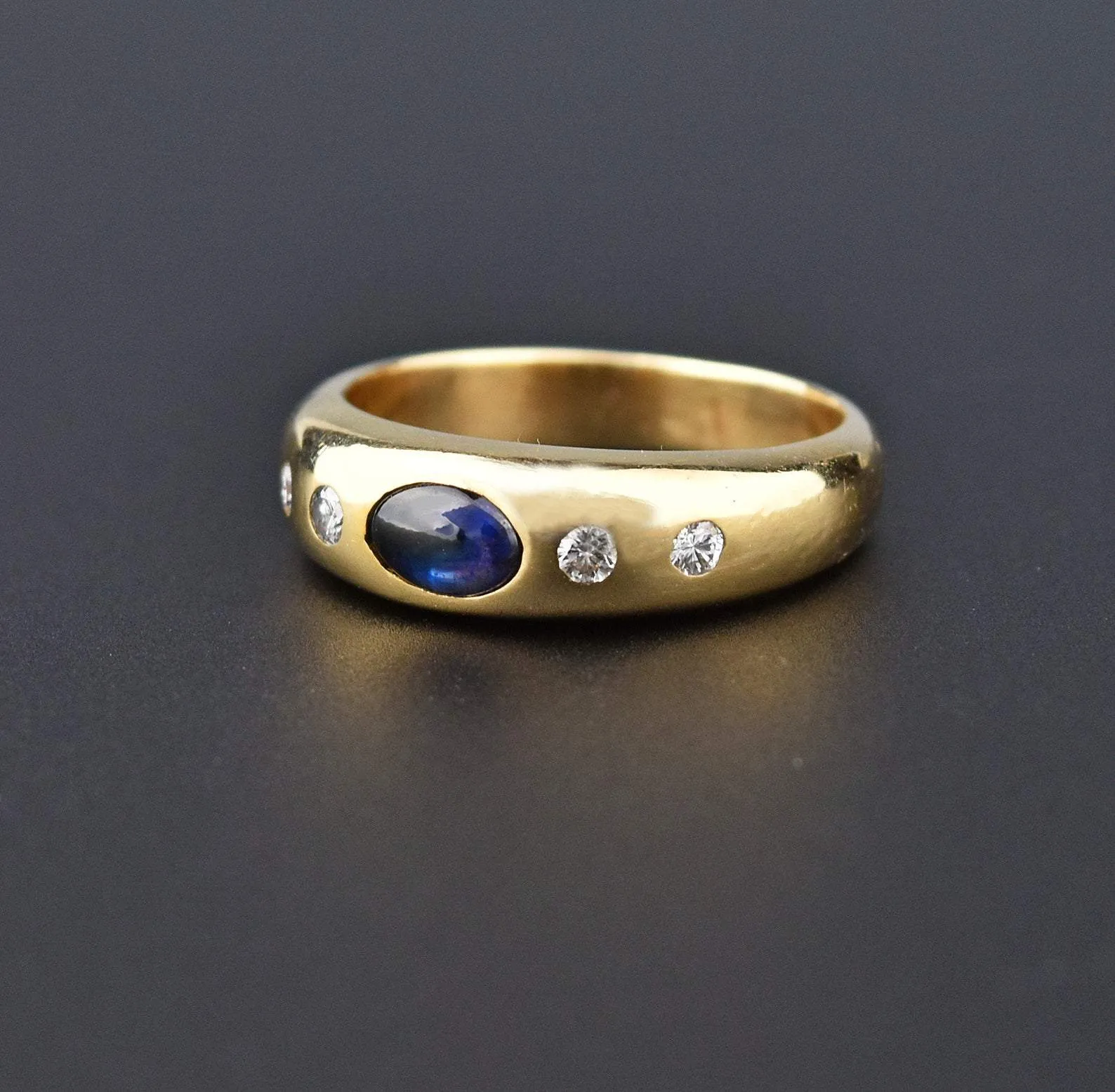 14K Gold Diamond Sapphire Cabochon Gypsy Ring