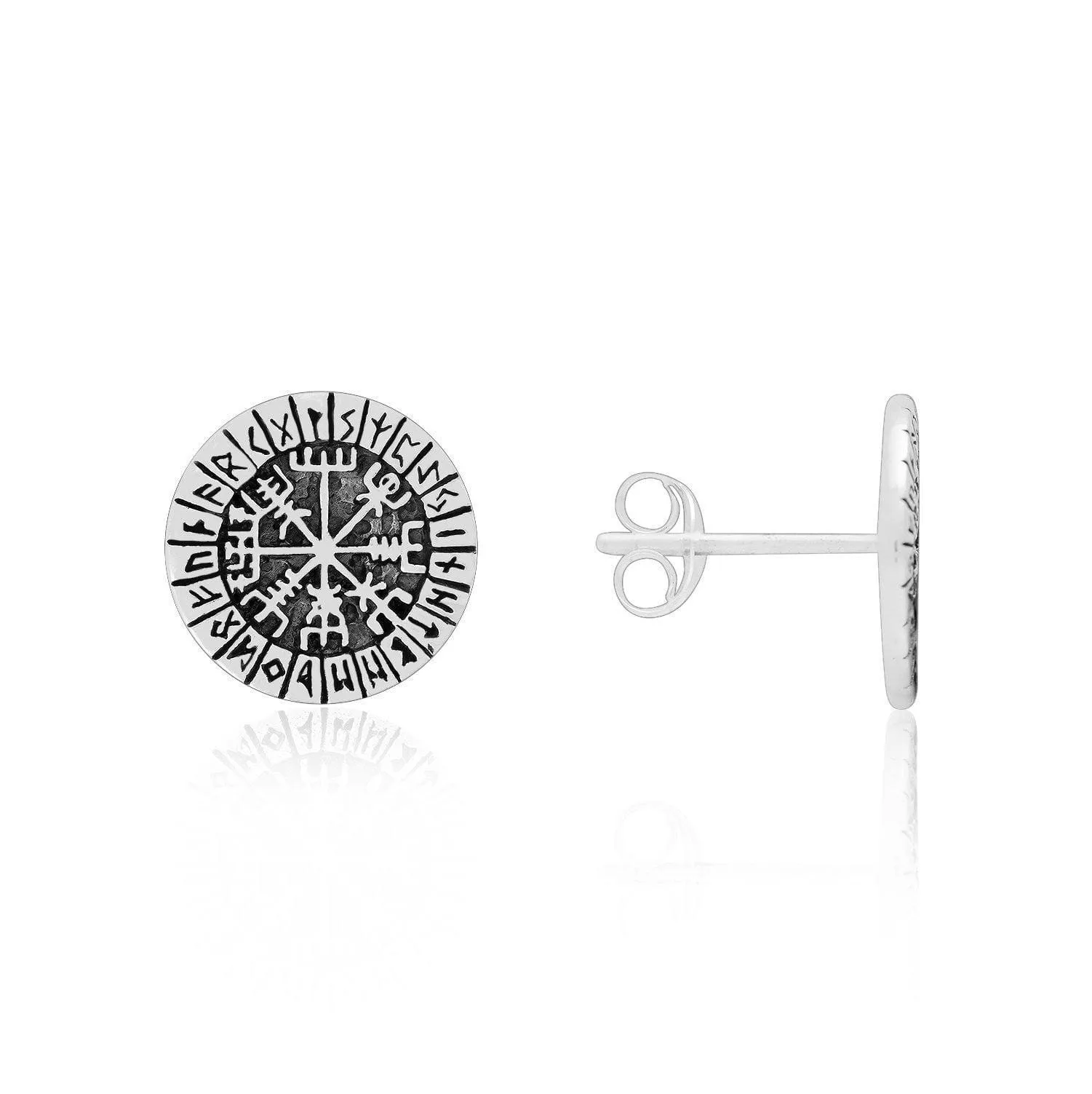 925 Sterling Silver Vegvisir and Runes Stud Earrings
