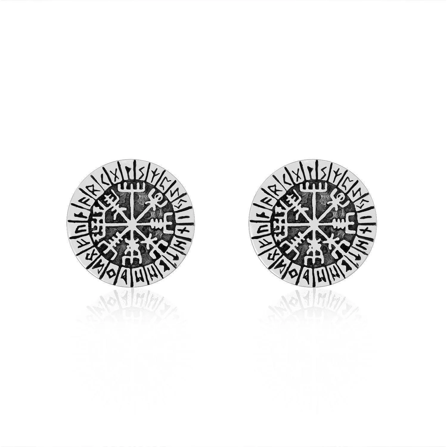 925 Sterling Silver Vegvisir and Runes Stud Earrings