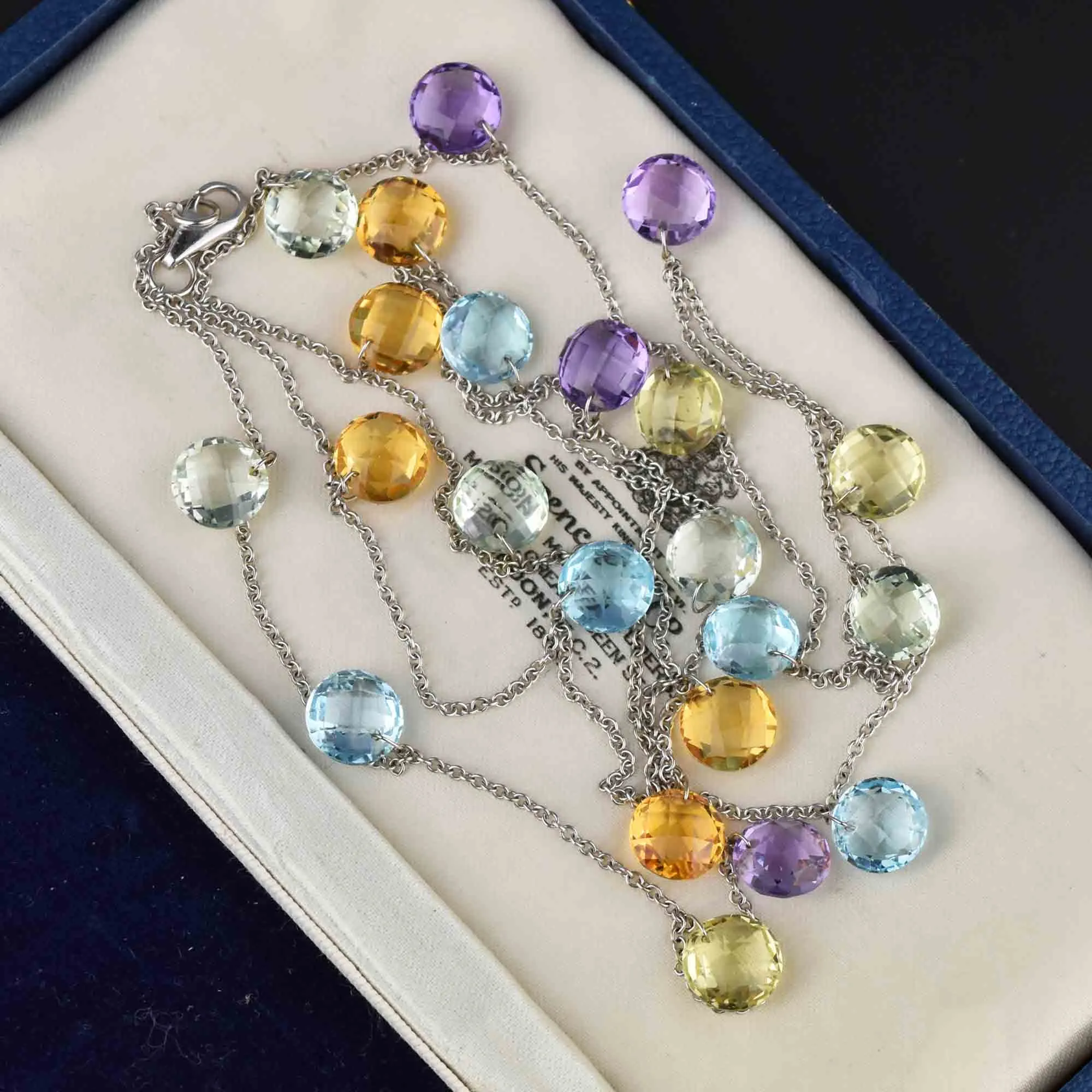 Blue Topaz Amethyst Citrine Long Fringe Necklace 14K White Gold