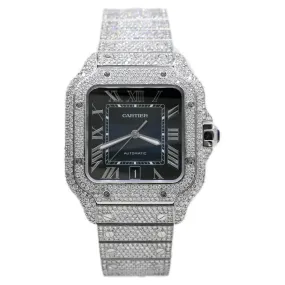 Cartier de Santos 47mm Stainless Steel Case, Blue Gradient Roman Dial, Fully Iced Out Watch Ref: WSSA0030