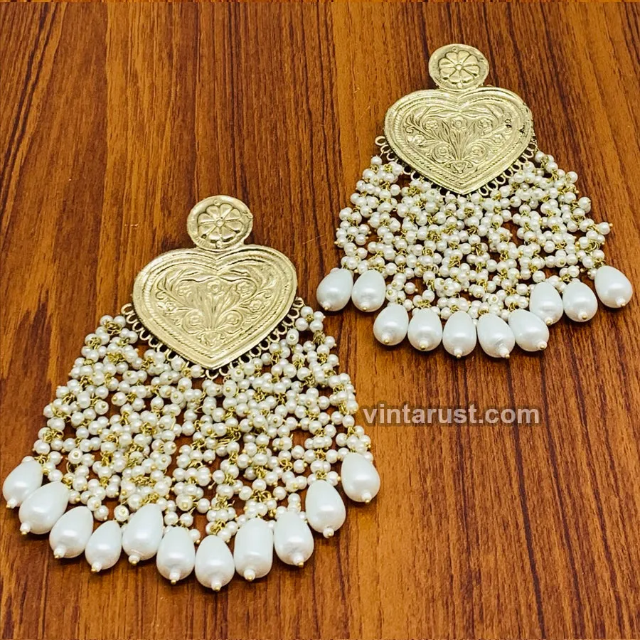 Handmade Golden Heart Pearl Earrings