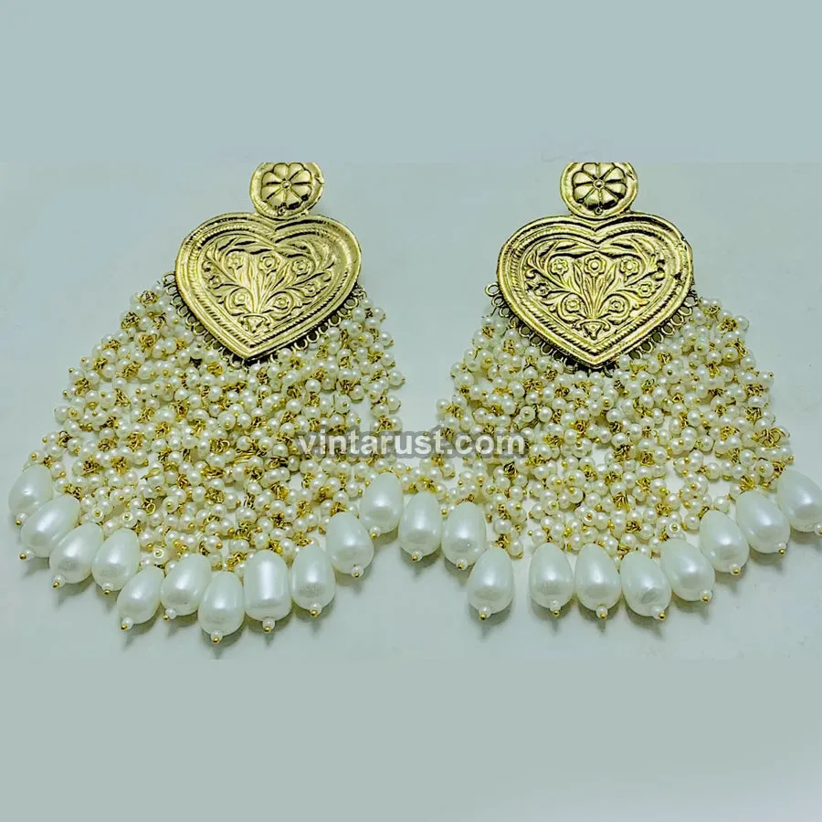 Handmade Golden Heart Pearl Earrings