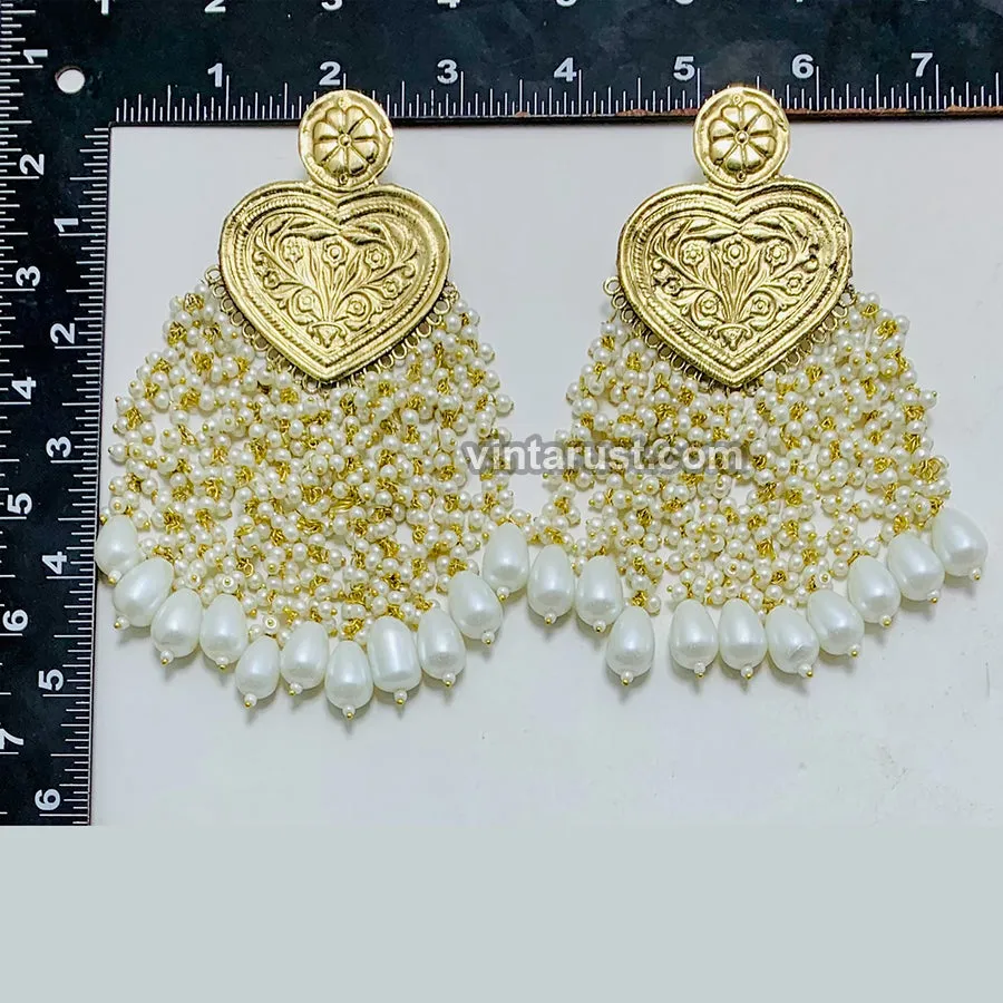 Handmade Golden Heart Pearl Earrings