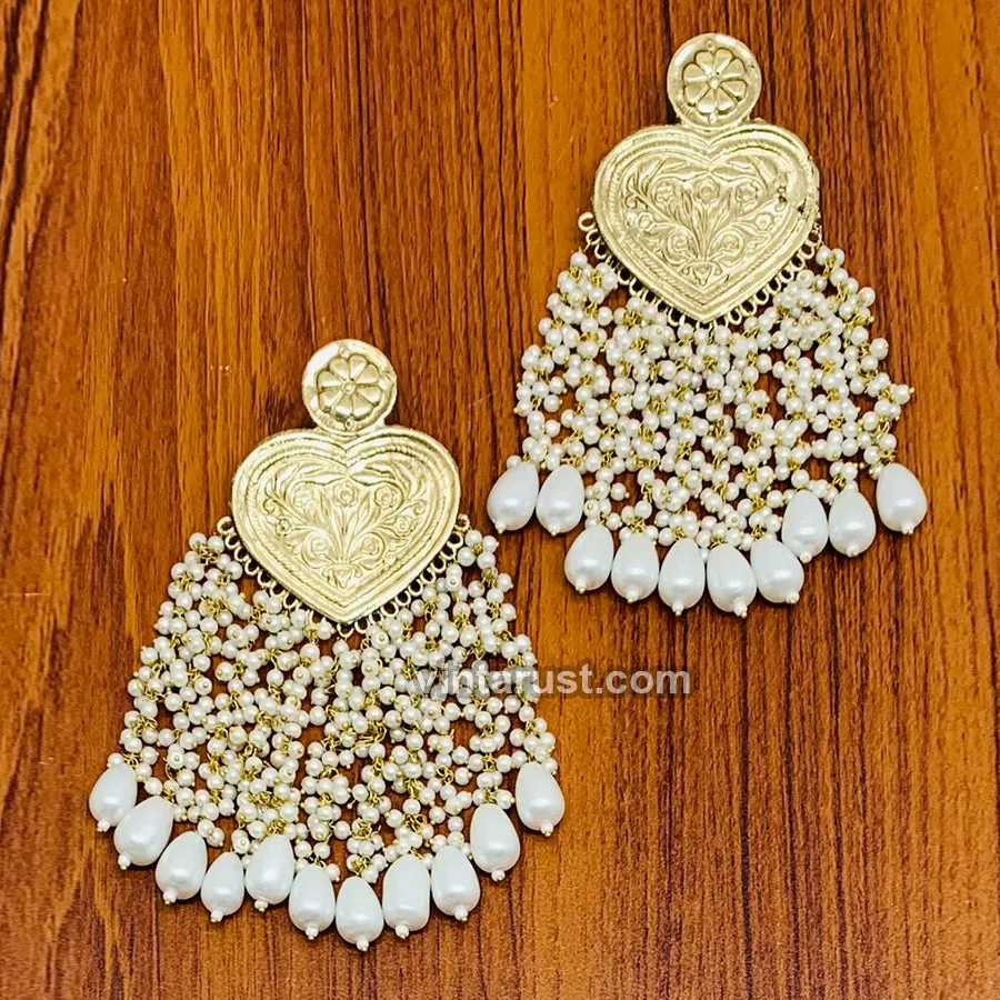 Handmade Golden Heart Pearl Earrings