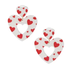 Heart Stud Earrings with Dangling White and Red Open-heart