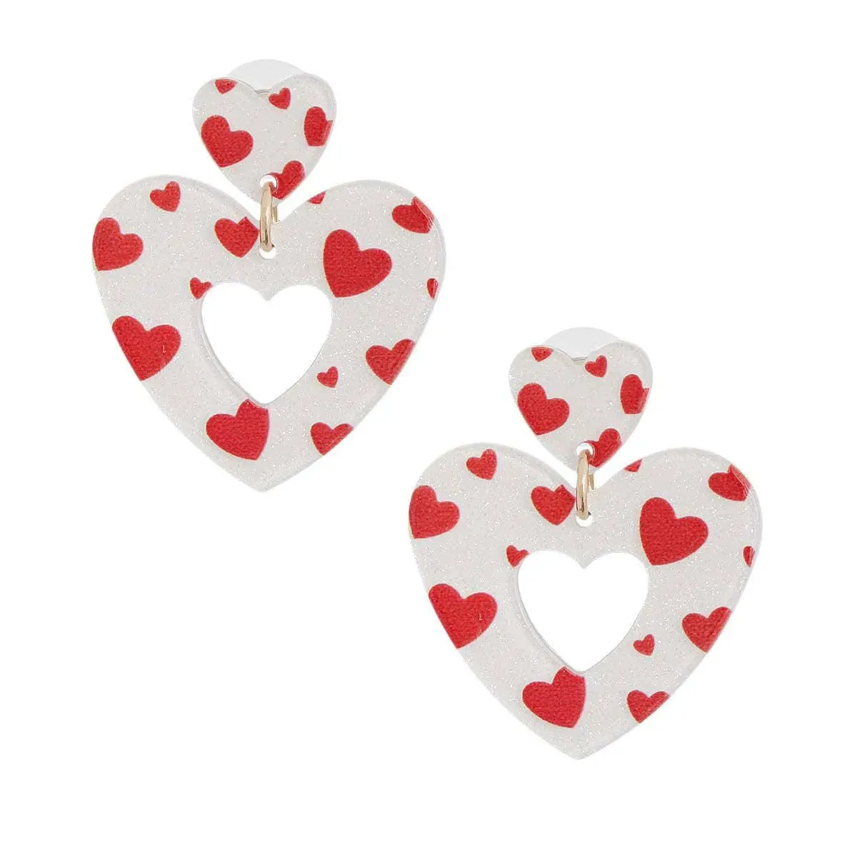 Heart Stud Earrings with Dangling White and Red Open-heart