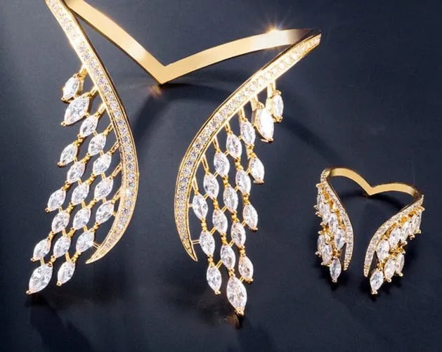 High Quality Cubic Zirconia Wings Opening Adjustable Bracelet & Ring Set