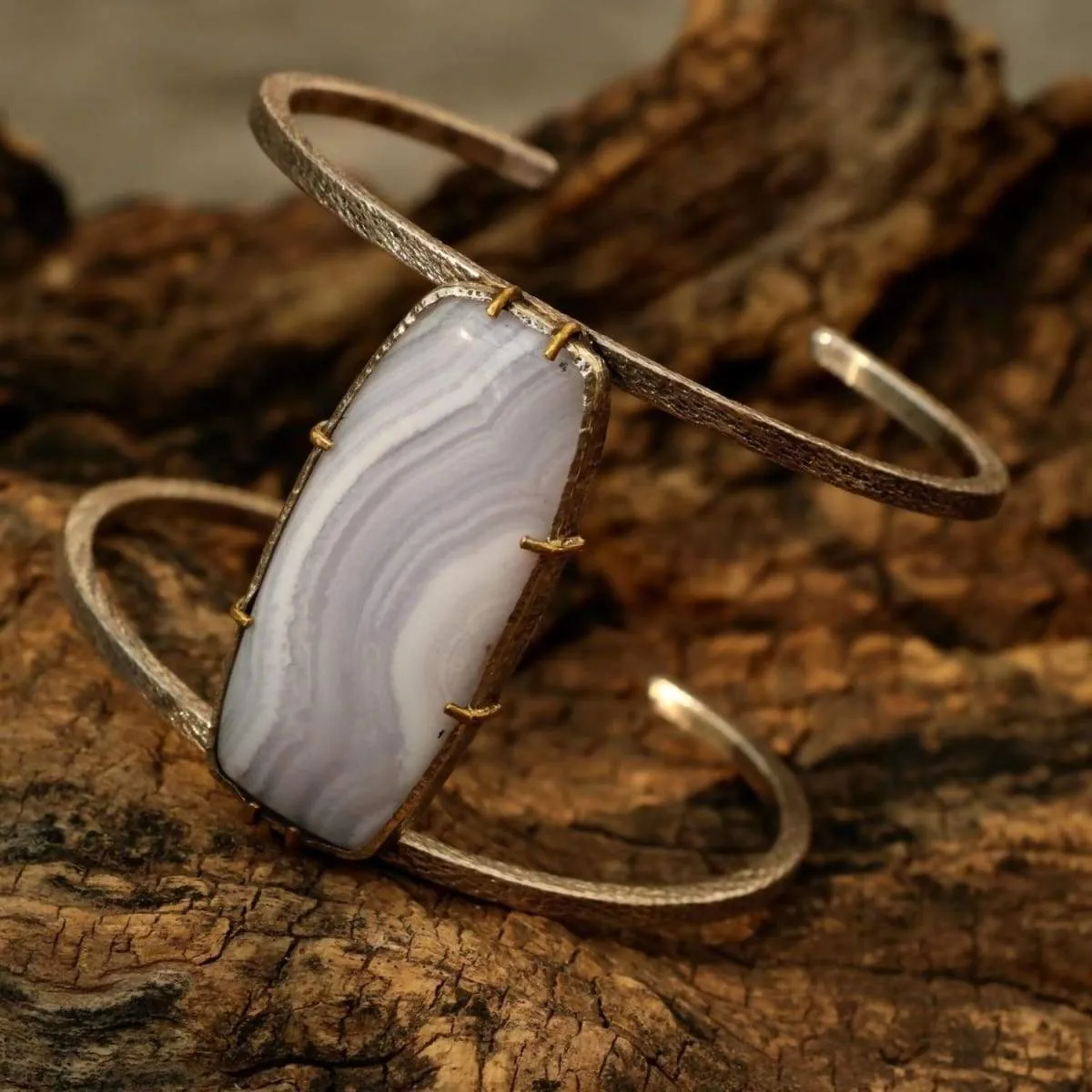 Huge blue agate bangle bracelet with double silver bangle and gemstone set in silver and brass setting