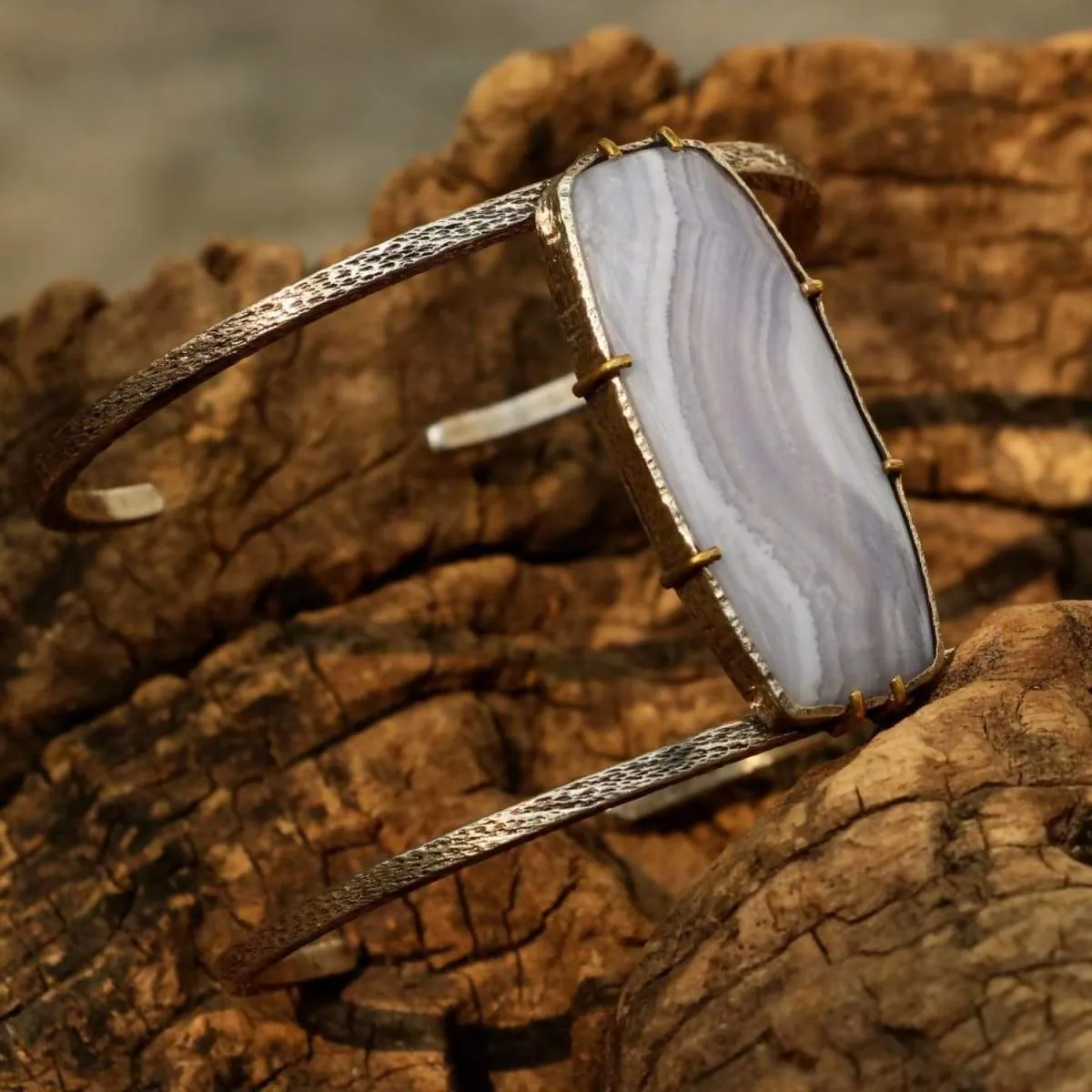 Huge blue agate bangle bracelet with double silver bangle and gemstone set in silver and brass setting