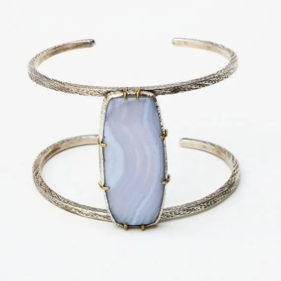 Huge blue agate bangle bracelet with double silver bangle and gemstone set in silver and brass setting