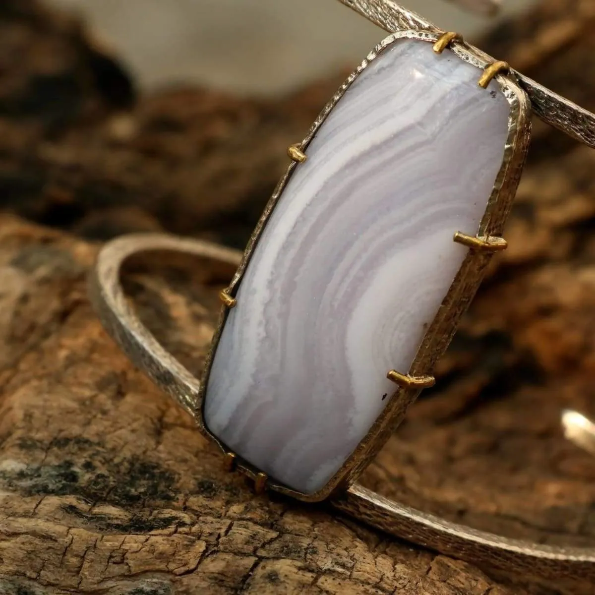 Huge blue agate bangle bracelet with double silver bangle and gemstone set in silver and brass setting
