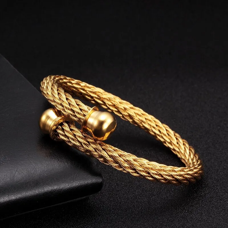 Luxury Brand Men Male Gold Chain Link Charm Bracelets Stainless Steel Braided Open Cuff Sporty Fashion Bracelets Bangles
