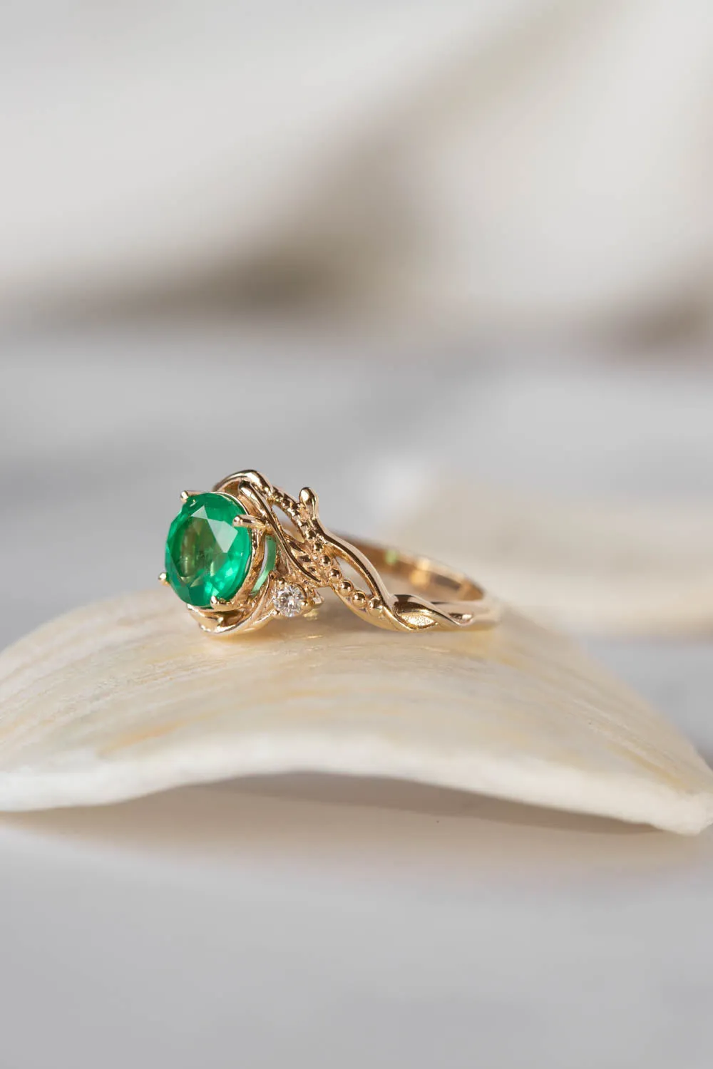 Natural emerald and diamonds engagement ring, elvish nature inspired gold ring / Undina