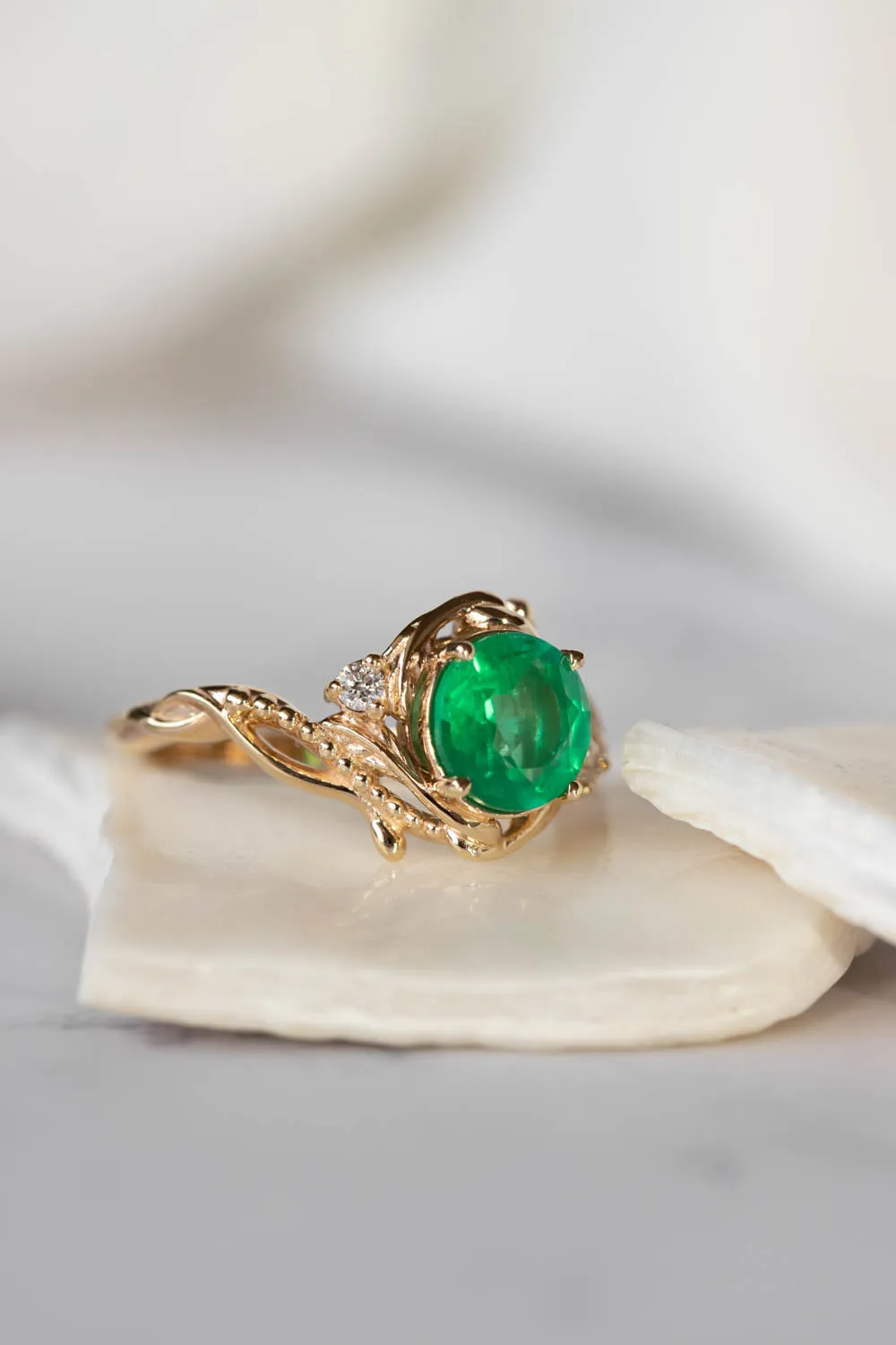 Natural emerald and diamonds engagement ring, elvish nature inspired gold ring / Undina