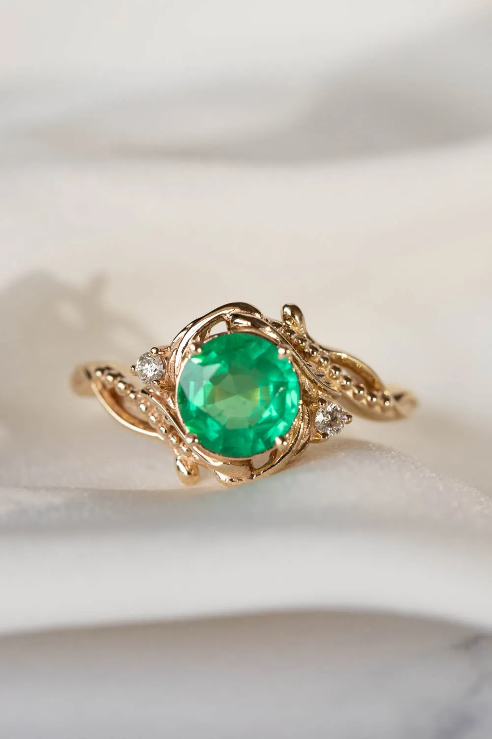 Natural emerald and diamonds engagement ring, elvish nature inspired gold ring / Undina