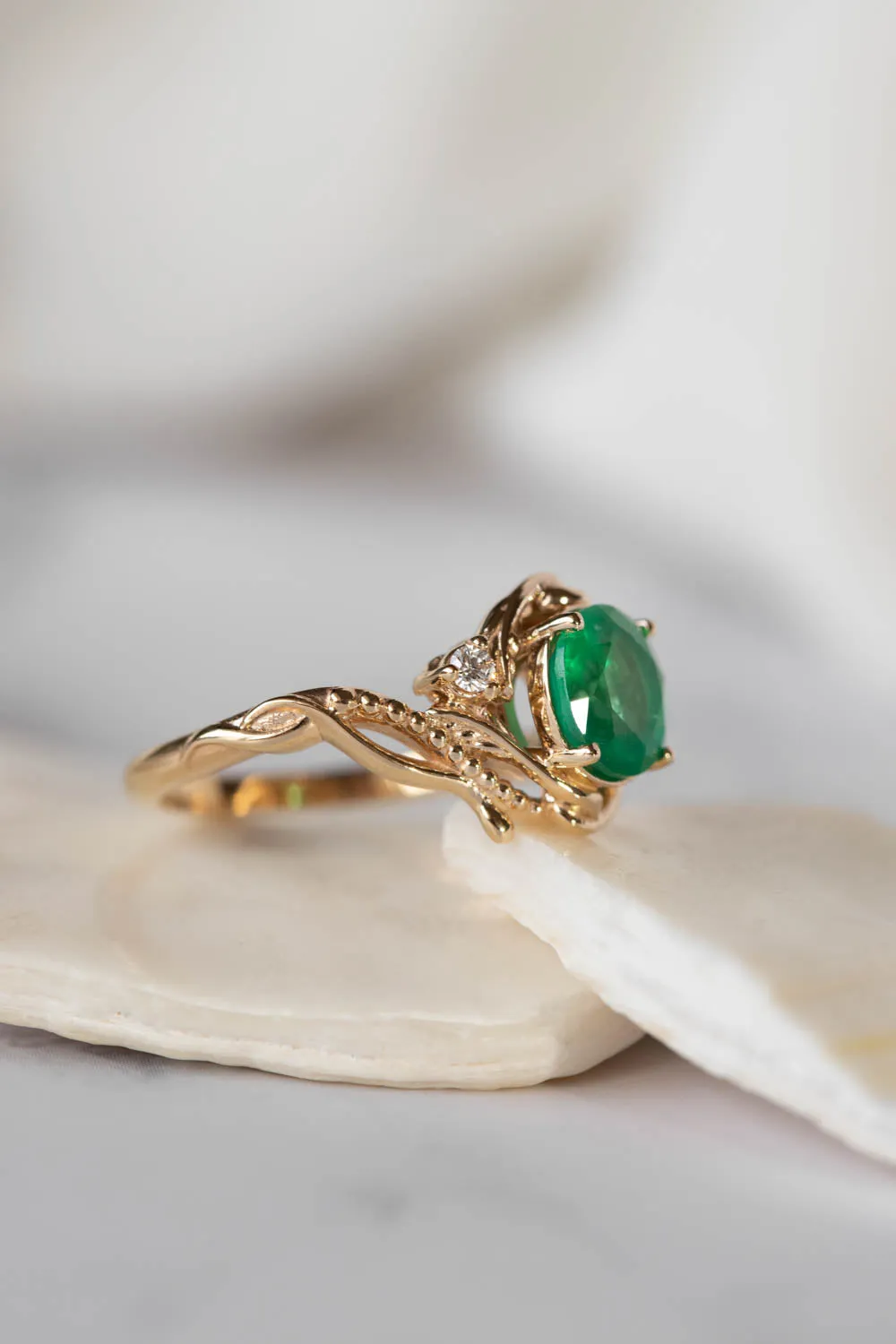 Natural emerald and diamonds engagement ring, elvish nature inspired gold ring / Undina