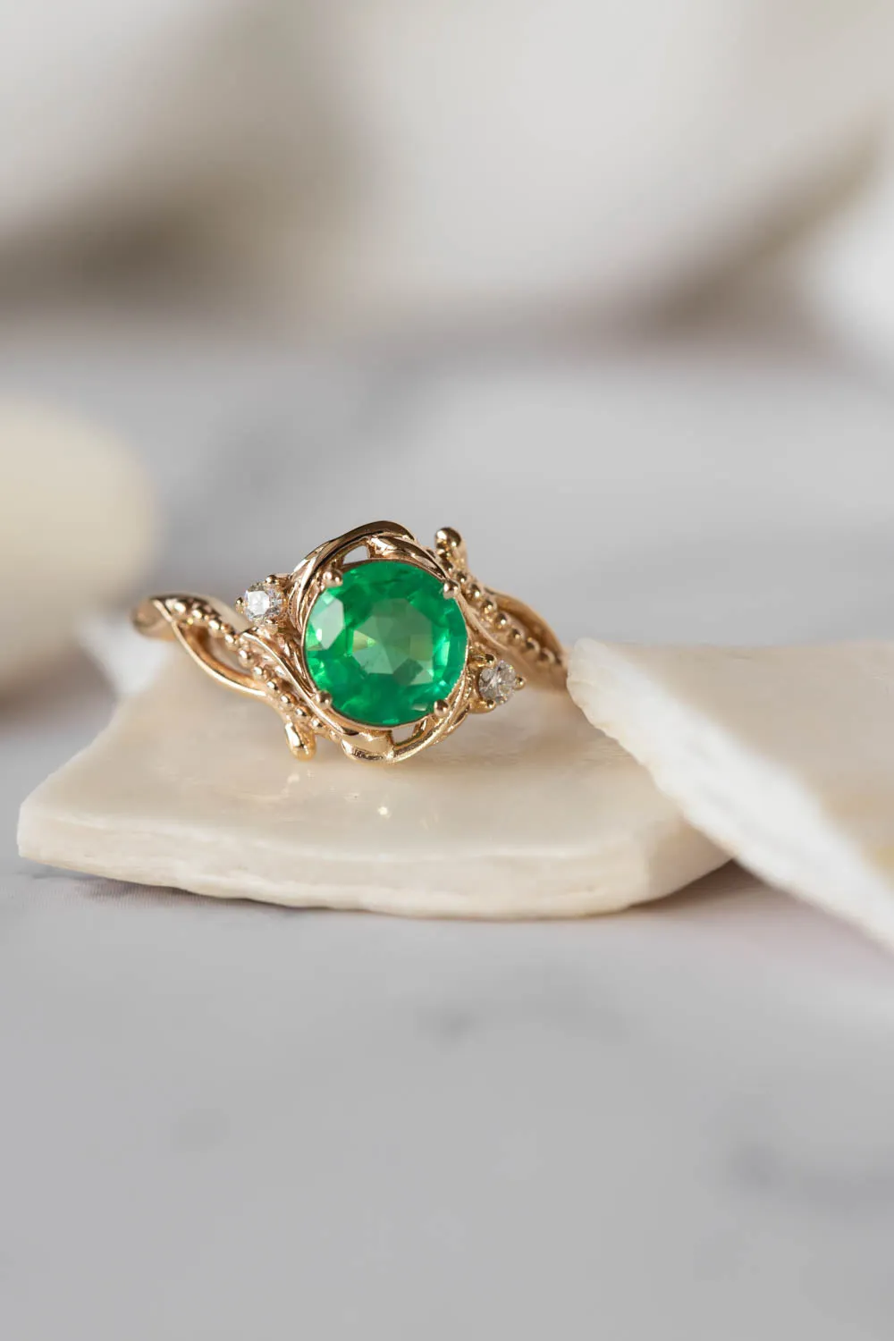 Natural emerald and diamonds engagement ring, elvish nature inspired gold ring / Undina