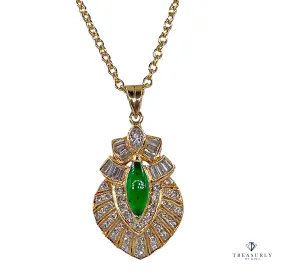 Natural UNTREATED GIA Omphacite Jade 18K Vintage Pendant of Imperial Color with Diamonds, 1980s
