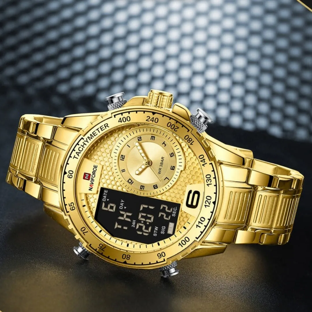Sure, heres an optimized title for the product:

Naviforce NF9 Mens Luxury Analog Sports Watch with Leather Strap and Water Resistance
