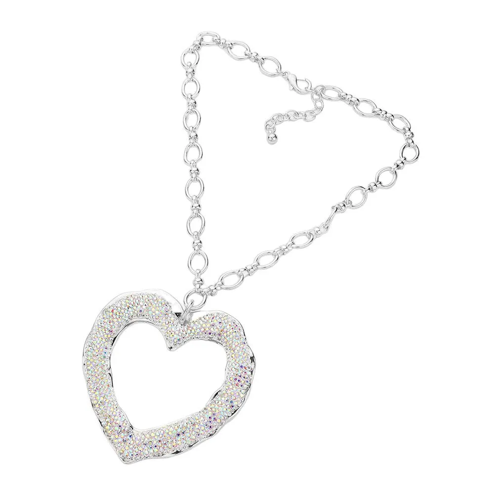 Over Sized Stone Paved Open Heart Pendant Chunky Jewelry Set