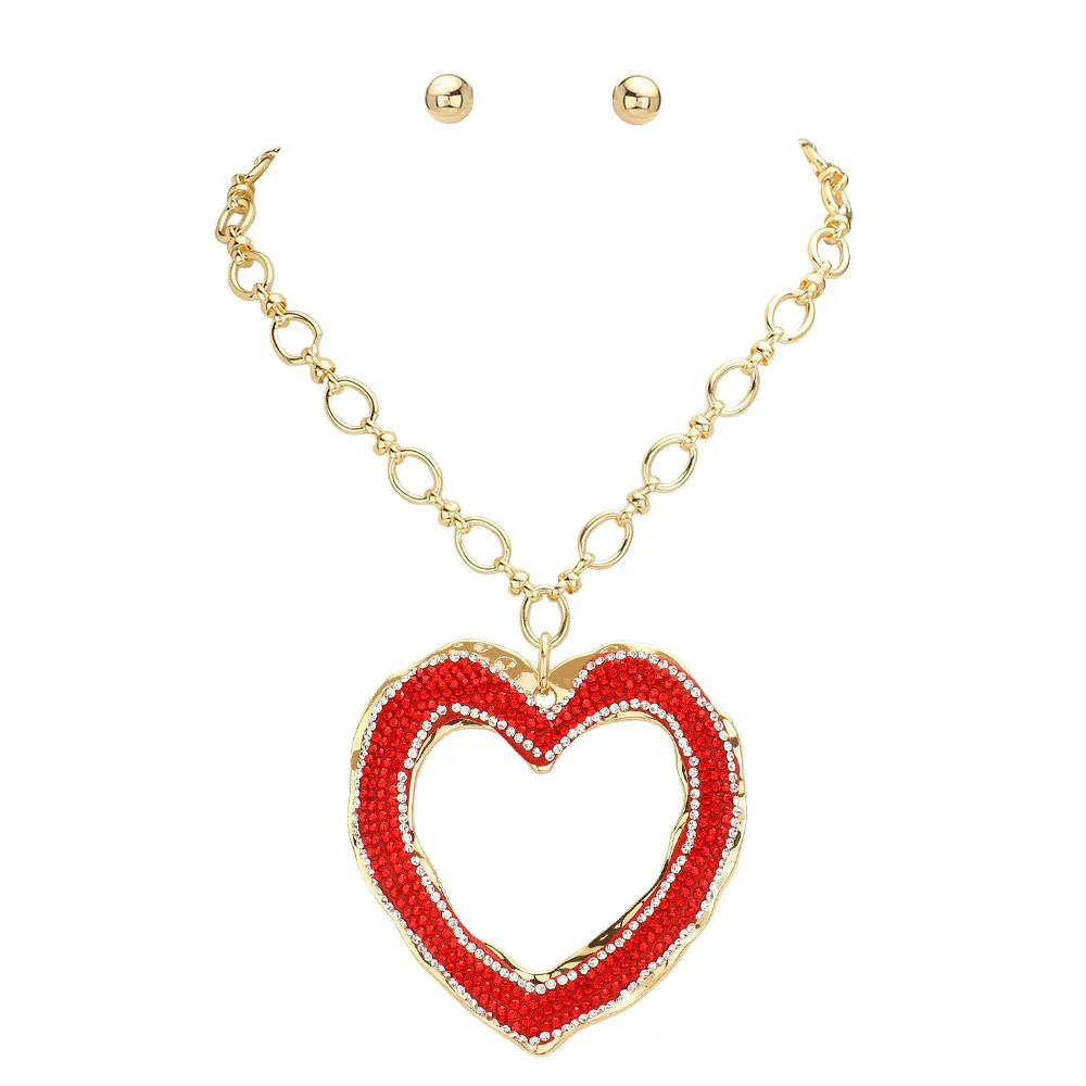 Over Sized Stone Paved Open Heart Pendant Chunky Jewelry Set