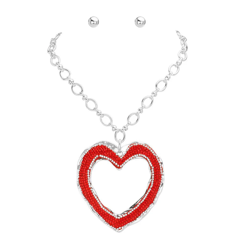 Over Sized Stone Paved Open Heart Pendant Chunky Jewelry Set