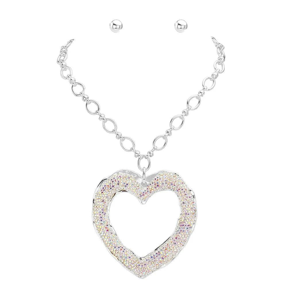 Over Sized Stone Paved Open Heart Pendant Chunky Jewelry Set