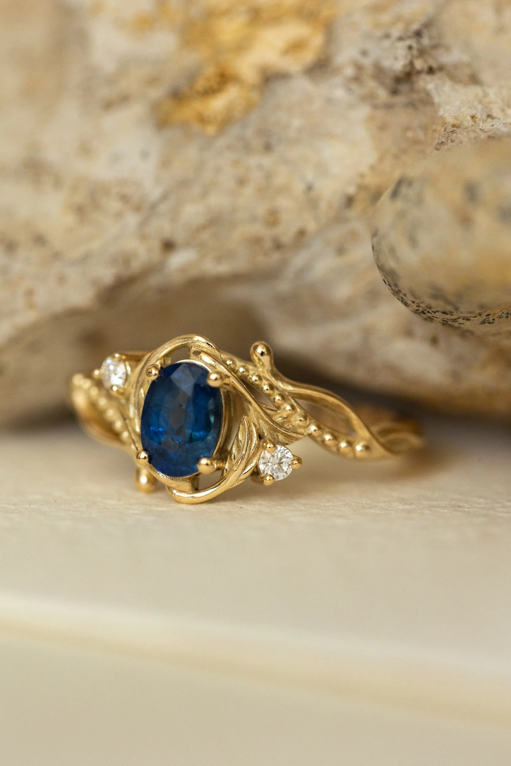 READY TO SHIP: Undina ring in 14K yellow gold, natural blue sapphire oval cut 7x5 mm, accent moissanites, AVAILABLE RING SIZES: 6-8US