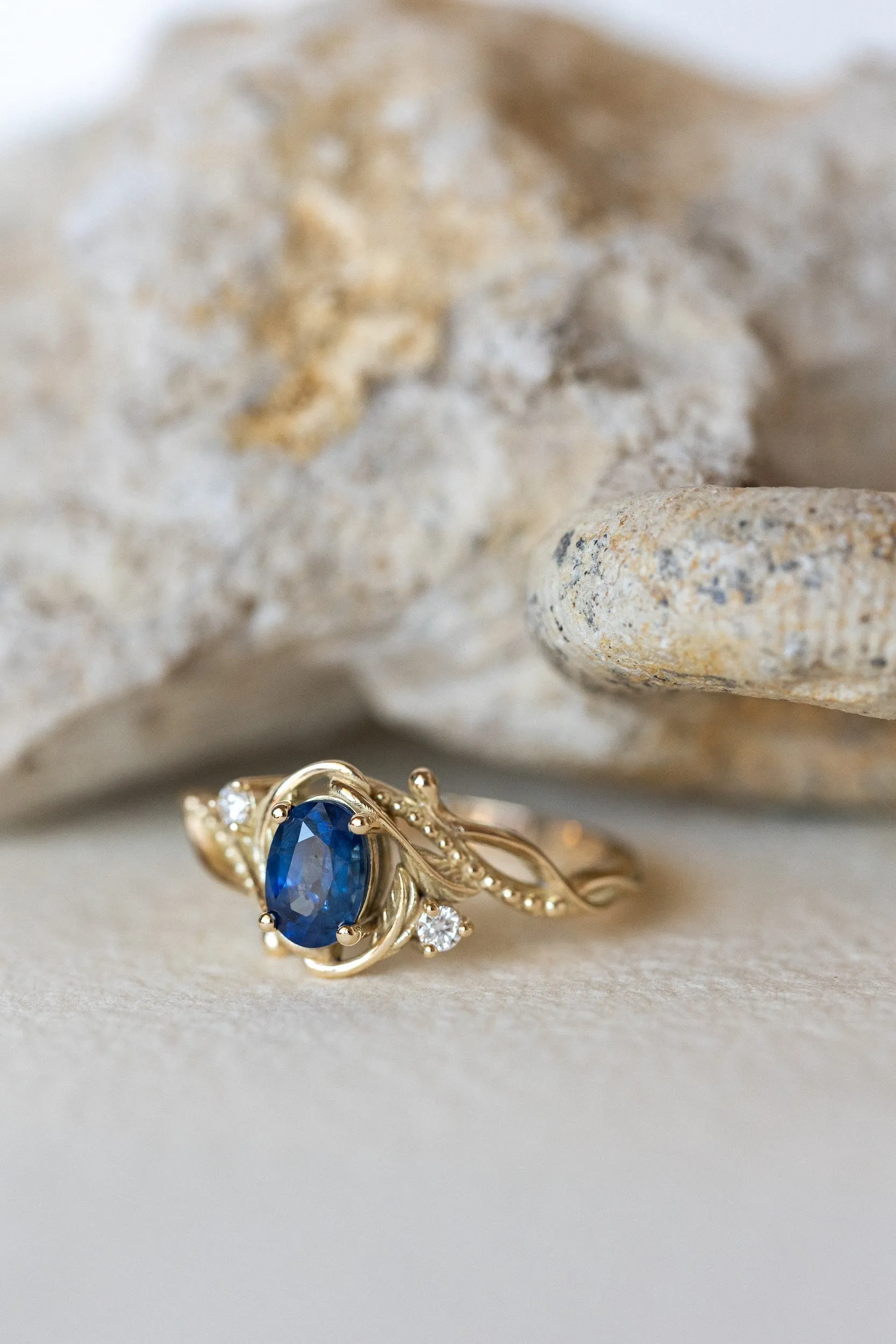 READY TO SHIP: Undina ring in 14K yellow gold, natural blue sapphire oval cut 7x5 mm, accent moissanites, AVAILABLE RING SIZES: 6-8US