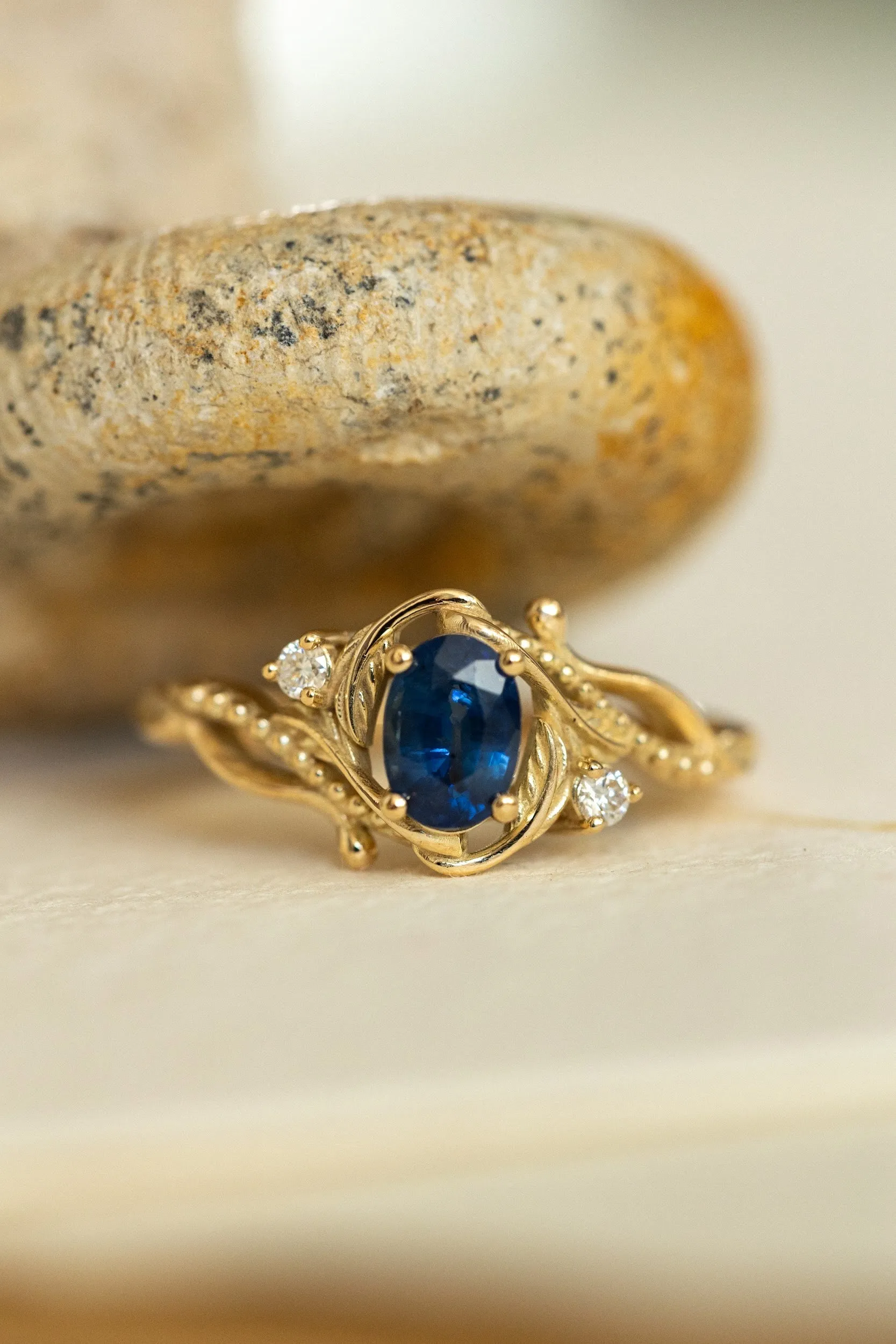 READY TO SHIP: Undina ring in 14K yellow gold, natural blue sapphire oval cut 7x5 mm, accent moissanites, AVAILABLE RING SIZES: 6-8US