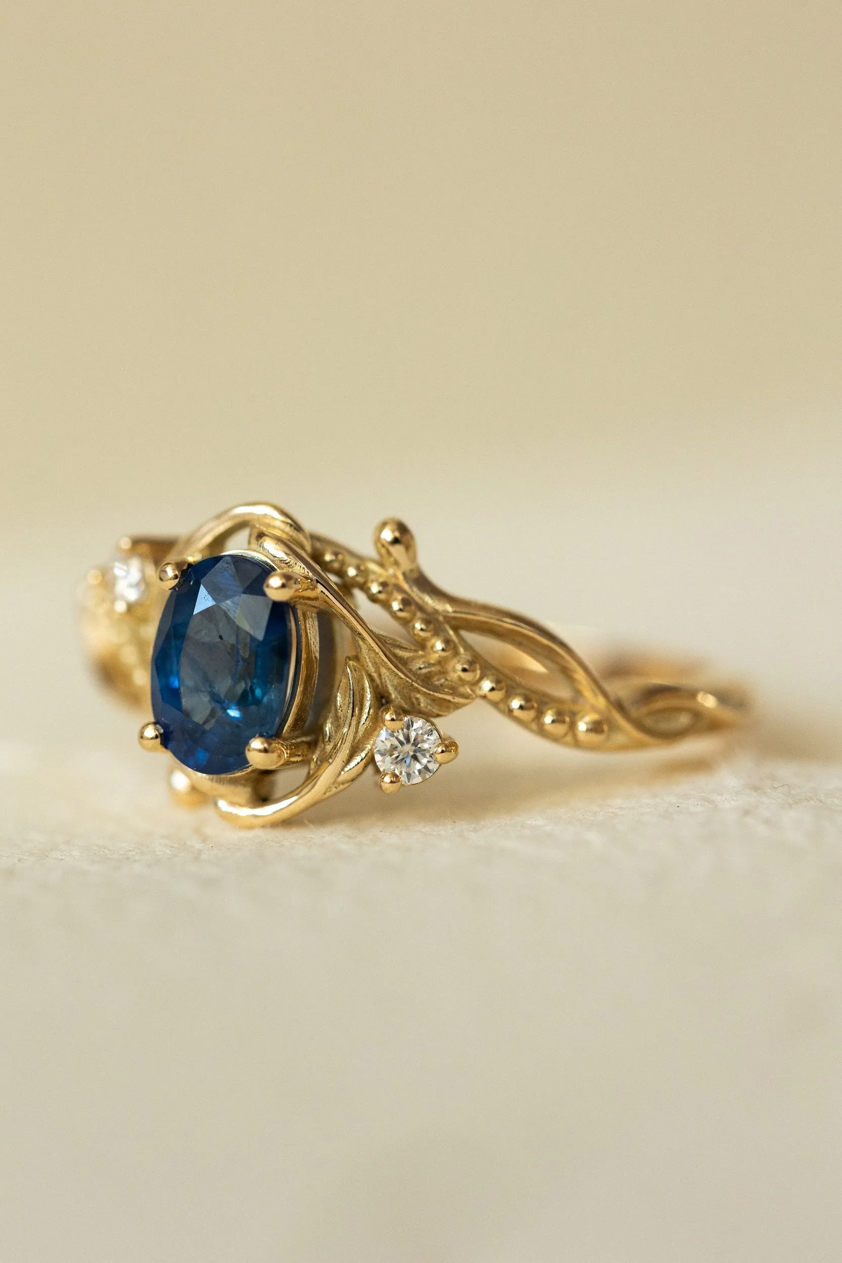 READY TO SHIP: Undina ring in 14K yellow gold, natural blue sapphire oval cut 7x5 mm, accent moissanites, AVAILABLE RING SIZES: 6-8US