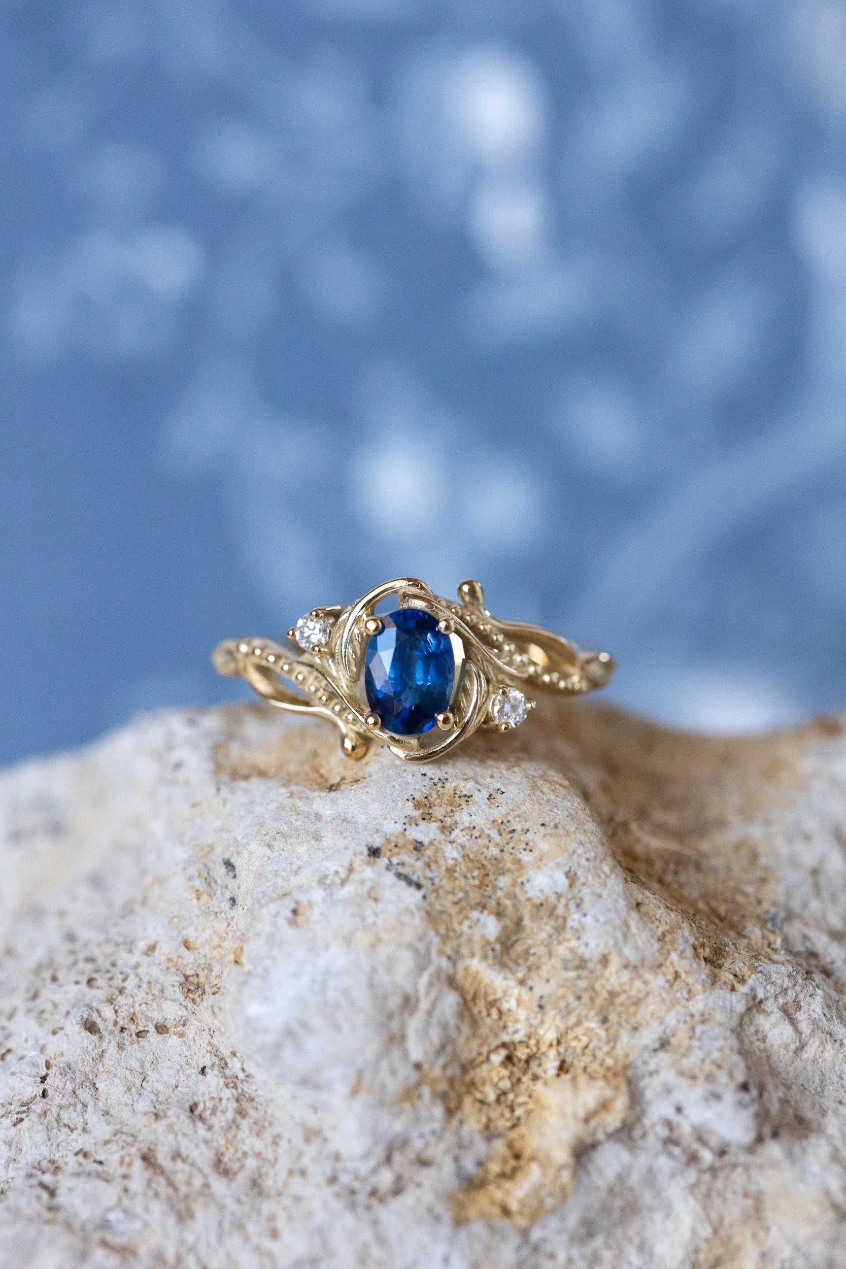 READY TO SHIP: Undina ring in 14K yellow gold, natural blue sapphire oval cut 7x5 mm, accent moissanites, AVAILABLE RING SIZES: 6-8US