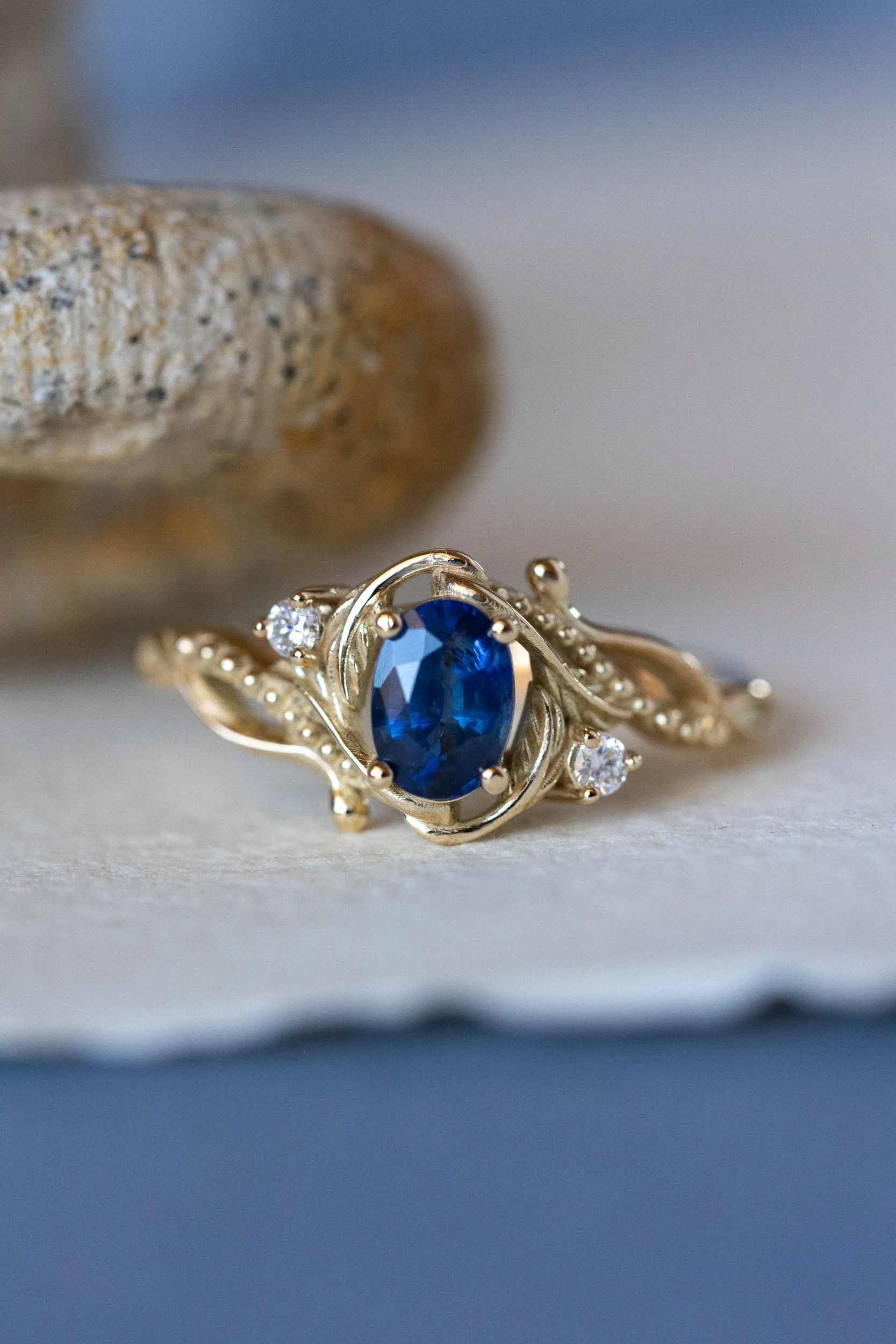 READY TO SHIP: Undina ring in 14K yellow gold, natural blue sapphire oval cut 7x5 mm, accent moissanites, AVAILABLE RING SIZES: 6-8US