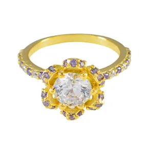 Riyo Complete Silver Ring With Yellow Gold Plating Amethyst Stone Round Shape Prong Setting Fashion Jewelry Halloween Ring