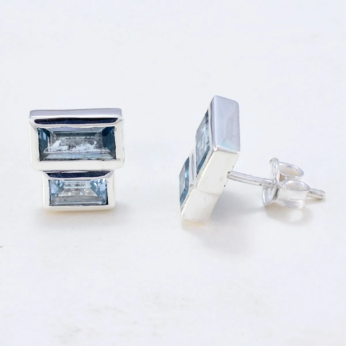 Riyo Genuine Gems baguette Faceted Blue Topaz Silver Earrings gift for women