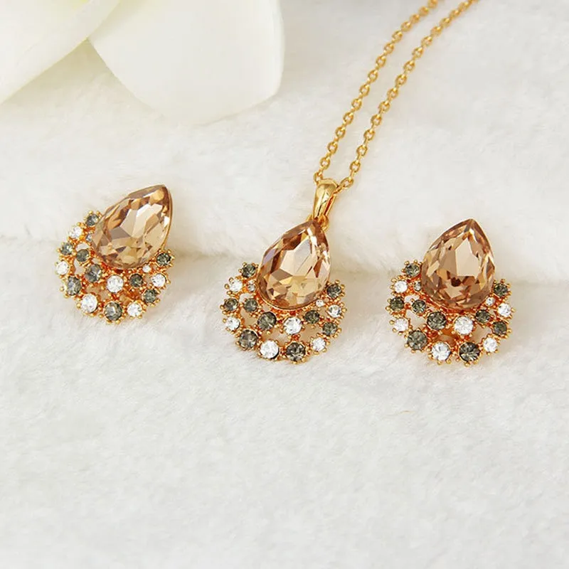 Rose Gold Crystal Necklace & Earrings Fashion Wedding Jewelry Set