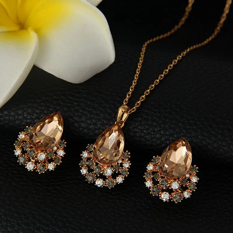 Rose Gold Crystal Necklace & Earrings Fashion Wedding Jewelry Set