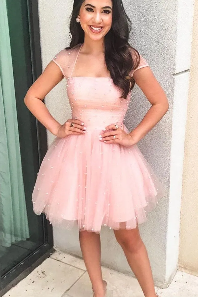 Sparkle Beaded Cap Sleeves Light Sky Blue Tulle Homecoming Dress Sweet 16 Dresses
