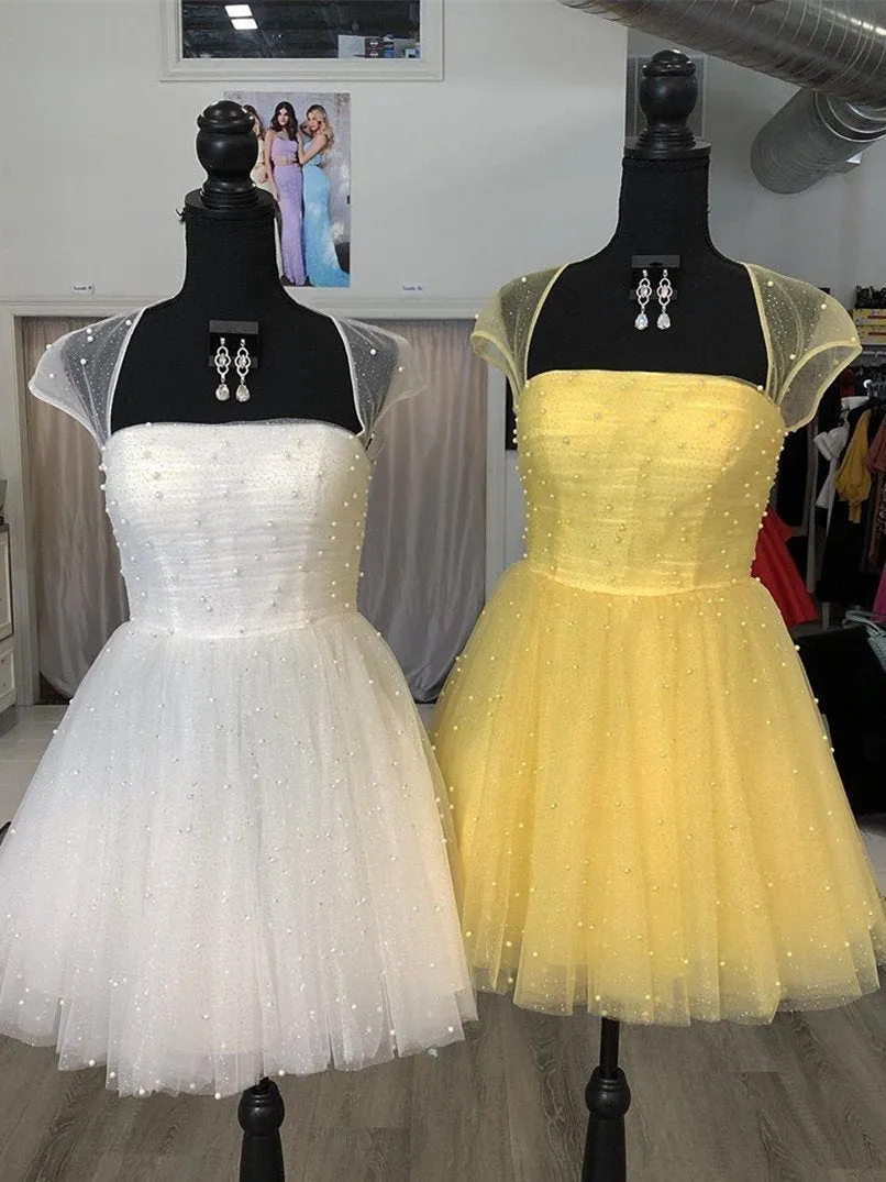 Sparkle Beaded Cap Sleeves Light Sky Blue Tulle Homecoming Dress Sweet 16 Dresses