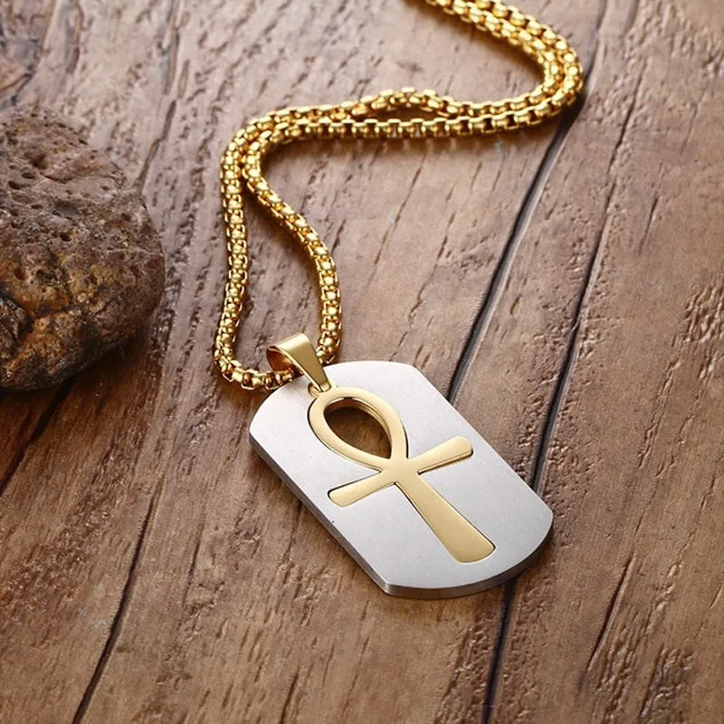 Stainless Steel Dog Tag Cut Out Ankh Cross Pendant Necklace